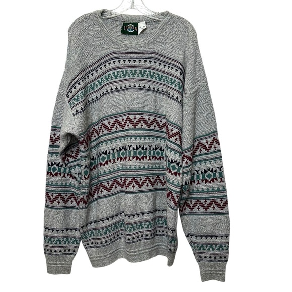 Vintage Sweaters - Vintage 90s Jantzen Textured Gray & Teal Crew Neck Sweater Unisex Size XL Tall